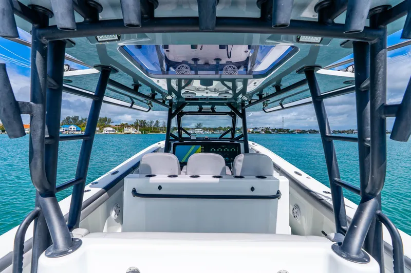 Slide: The Image of 2019 Yellowfin 42 Offshore boat interior with ocean view and clear sky. - 49