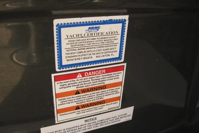 Slide: The Image of Yacht certification and safety warnings on 2018 Monterey 278SS Super Sport boat. - 15