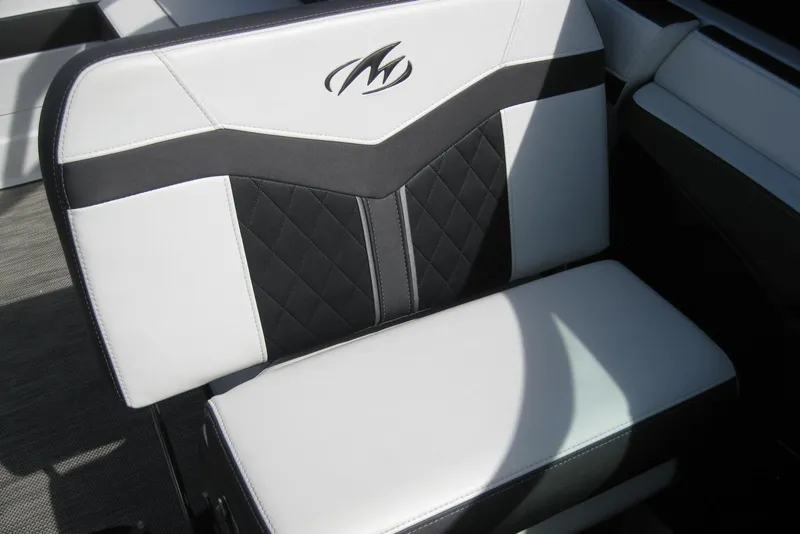 Slide: The Image of 2018 Monterey 278SS Super Sport boat seat with black and white upholstery design. - 20