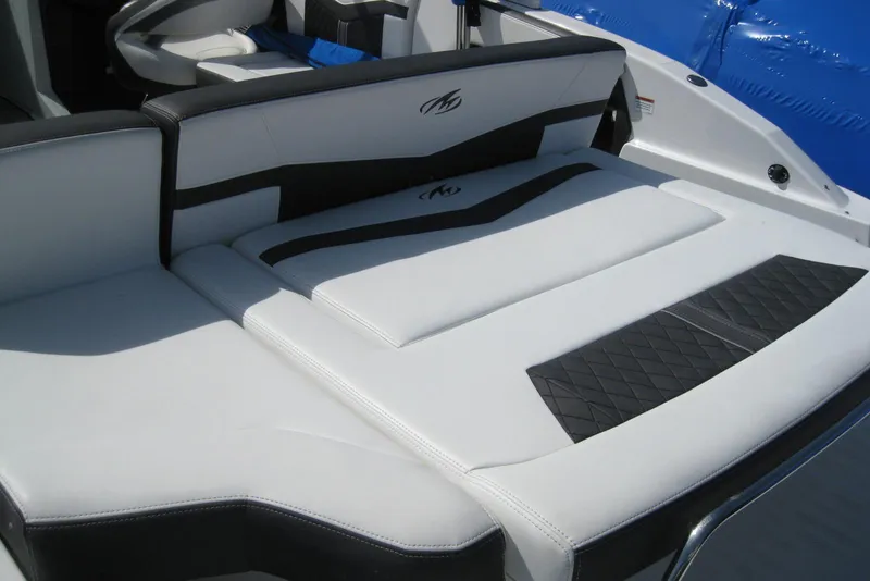 Slide: The Image of 2018 Monterey 278SS Super Sport boat interior with sleek white and black seating. - 8
