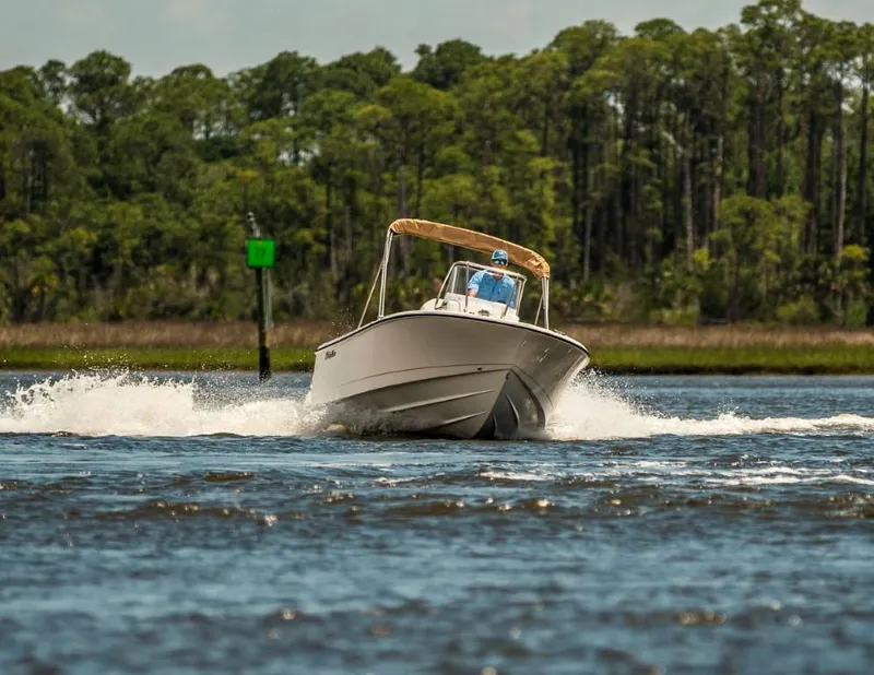 Slide: The Image of 2025 Edgewater 188CC boat cruising on a scenic waterway with lush greenery. - 2