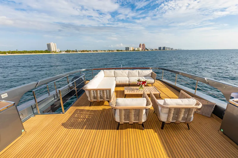 Slide: The Image of Luxurious deck of 2020 Riva 110' Dolcevita yacht with ocean view and elegant seating. - 39