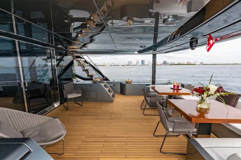 Slide: The Image of Luxurious deck of 2020 Riva 110' Dolcevita yacht with elegant seating and ocean view. - 48