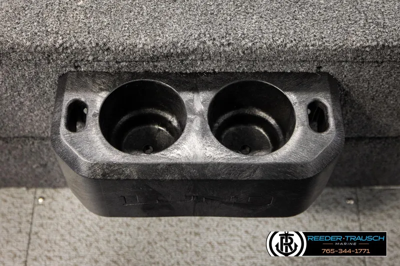 Slide: The Image of Dual cup holder on 2026 Lund 1975 Tyee boat, featuring Reeder-Trausch Marine branding. - 43