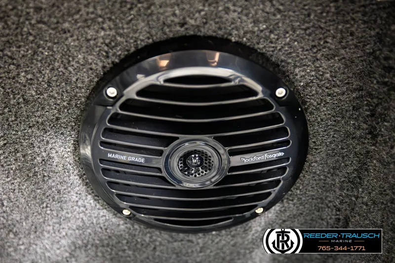 Slide: The Image of Marine-grade Rockford Fosgate speaker in 2026 Lund 1975 Tyee boat, Reeder-Trausch Marine branding. - 44