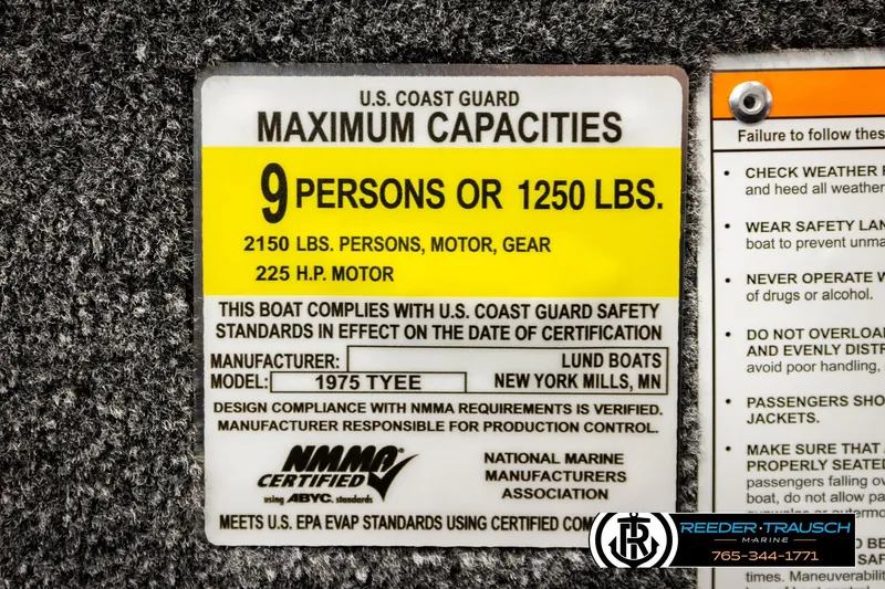 Slide: The Image of U.S. Coast Guard capacity label for Lund 1975 Tyee, 9 persons or 1250 lbs, 225 HP motor. - 58