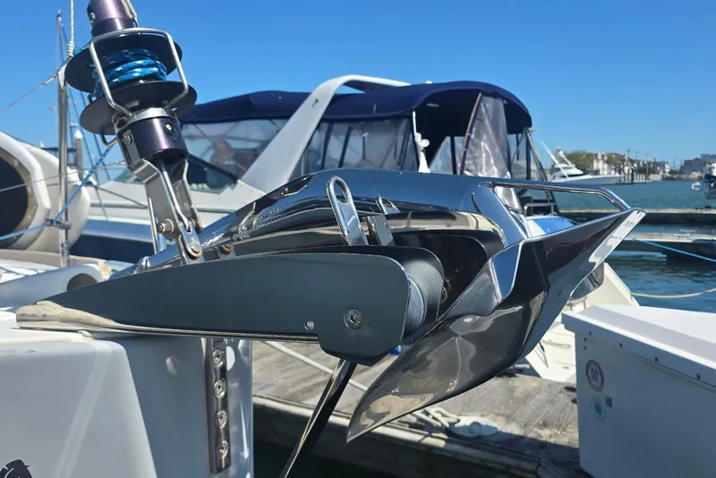 Slide: The Image of Close-up of a 2018 Beneteau Oceanis 38.1 anchor system at a marina. - 40