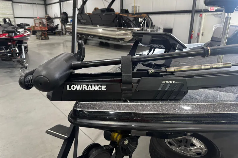 Slide: The Image of Lowrance Ghost trolling motor on 2020 Ranger Z185 boat in a garage setting. - 10