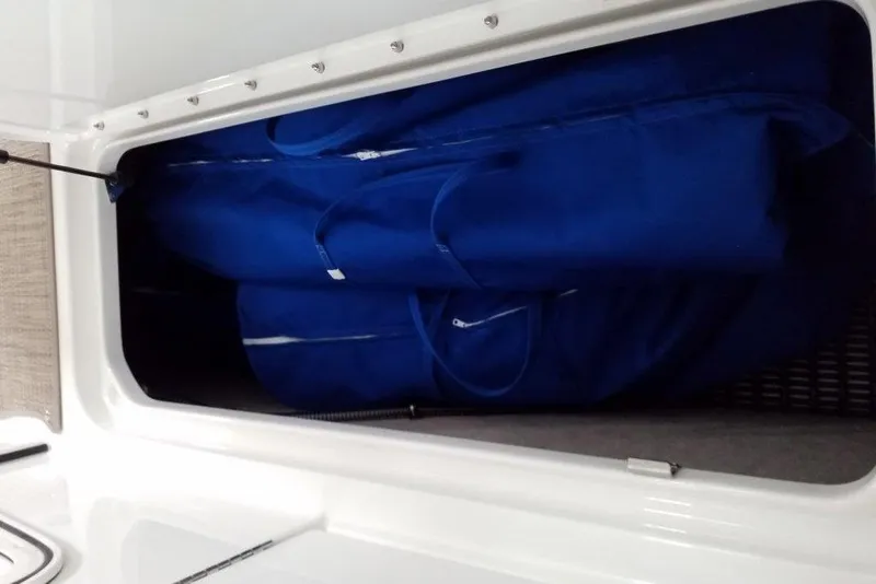 Slide: The Image of Storage compartment with blue bags in a 2019 Formula 310 Bowrider boat. - 26