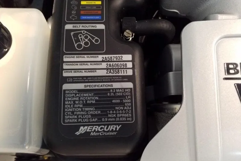 Slide: The Image of Engine specifications label on a 2019 Formula 310 Bowrider boat. - 37