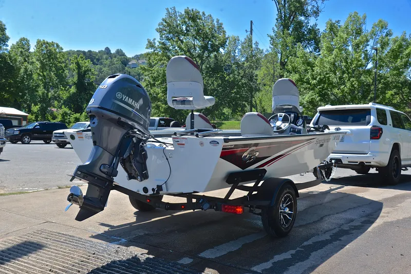 Slide: The Image of 2023 G3 Sportsman 1610 boat with Yamaha motor on trailer in parking lot. - 14