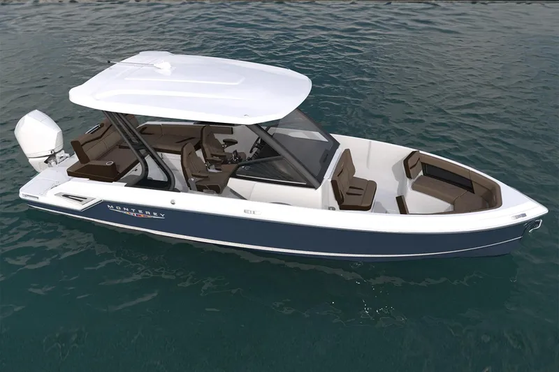 Slide: The Image of 2027 Monterey Elite 27 OB boat on water, featuring sleek design and spacious seating. - 8