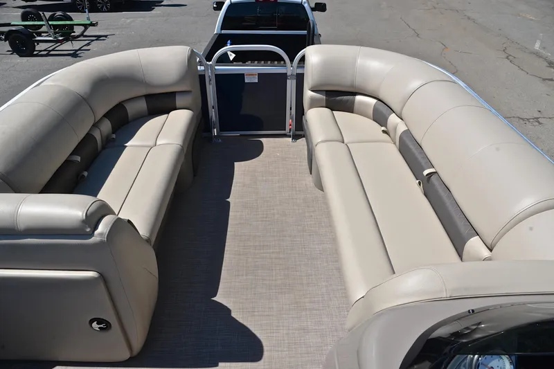 Slide: The Image of 2022 Sun Tracker Party Barge 20 DLX interior with spacious seating and modern design. - 21