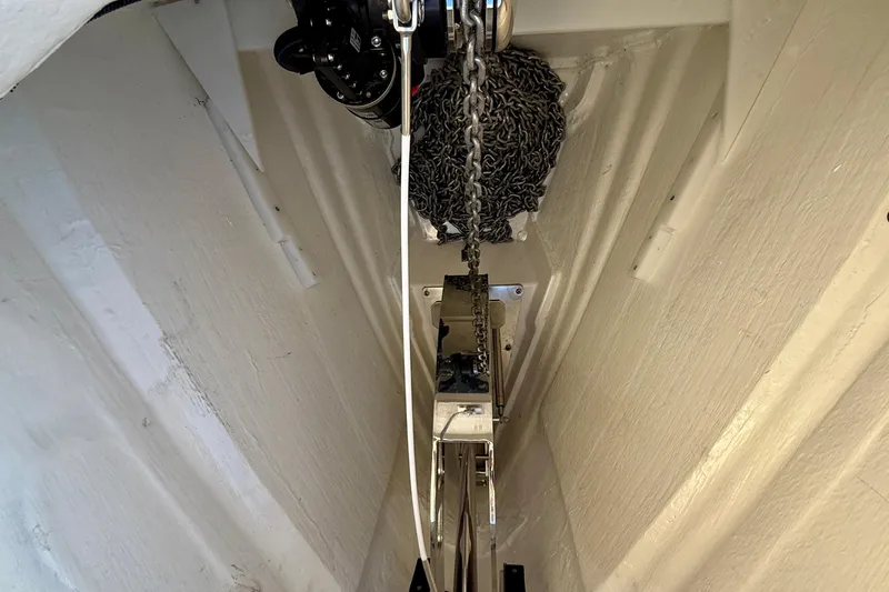 Slide: The Image of Anchor chain mechanism inside 2025 Saxdor 320 GTC boat hull. - 14