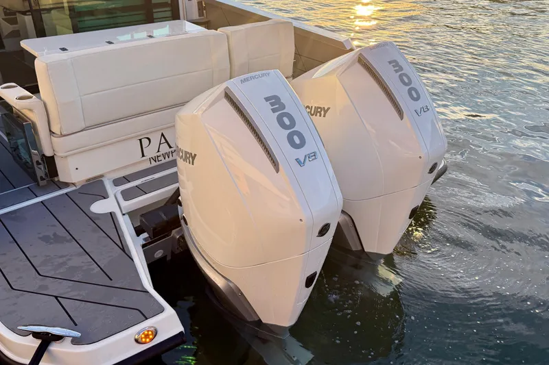Slide: The Image of 2025 Saxdor 320 GTC with twin Mercury 300 V8 engines on water. - 23