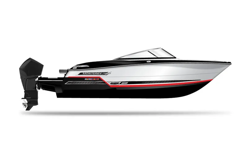 Slide: The Image of Manufacturer Provided Image: 2025 Monterey 255SS Super Sport boat, sleek design, black and white with red accents. - 10