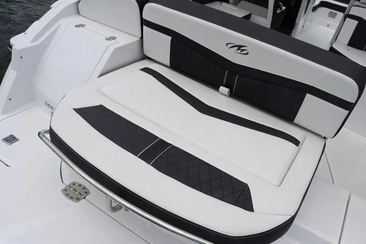 Slide: The Image of Manufacturer Provided Image: 2025 Monterey 255SS Super Sport boat seat, black and white design, luxury marine upholstery. - 7