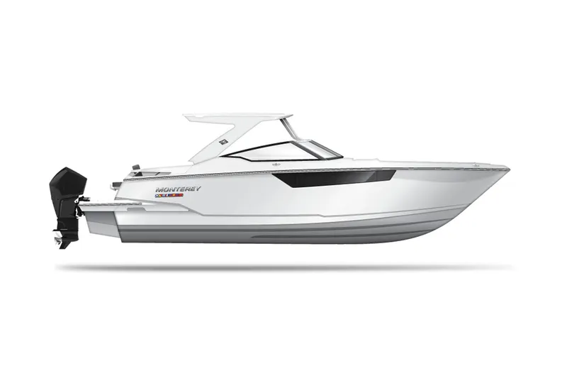Slide: The Image of Manufacturer Provided Image: 2025 Monterey 385SS Super Sport boat, sleek white design, side view. - 10