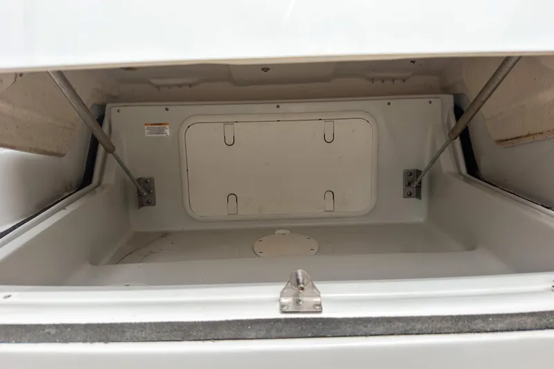 Slide: The Image of Storage compartment of 2018 Crownline Eclipse E215 XS boat, featuring hydraulic supports. - 15