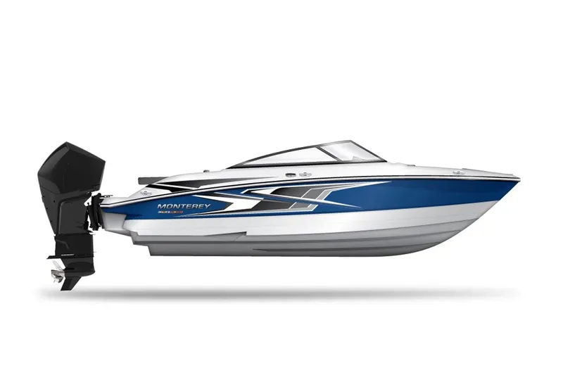 Slide: The Image of Manufacturer Provided Image: 2026 Monterey M-205 boat, blue and white design, side view. - 6