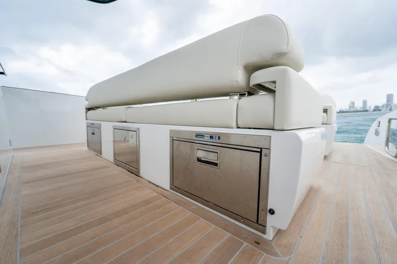 Slide: The Image of Luxury seating on the 2026 Solaris Power 44 Sport Turismo yacht, featuring sleek design and storage. - 23