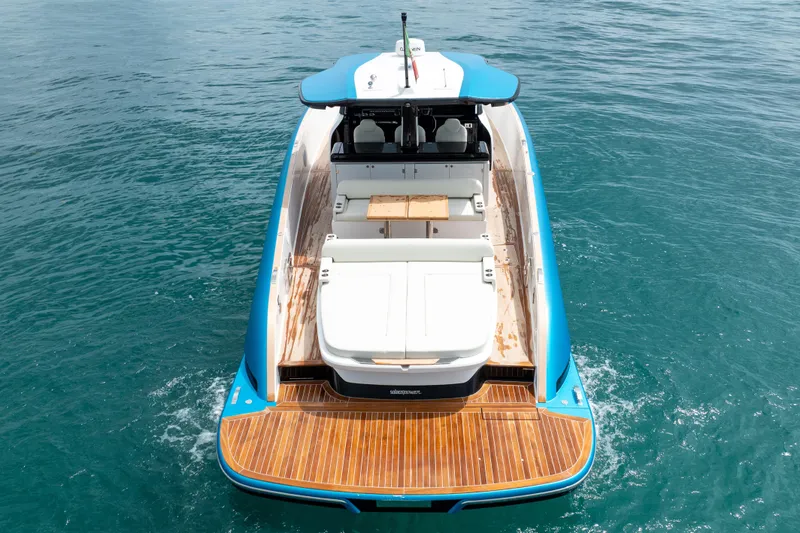 Slide: The Image of 2026 Solaris Power 44 Sport Turismo yacht on open water, showcasing sleek design and spacious deck. - 39