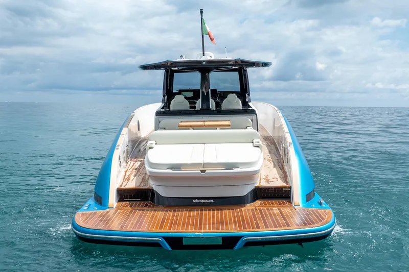 Slide: The Image of 2026 Solaris Power 44 Sport Turismo yacht on open sea, showcasing sleek design and luxury features. - 7
