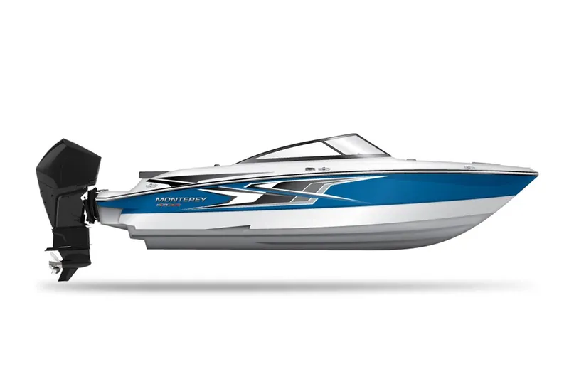 Slide: The Image of Manufacturer Provided Image: 2026 Monterey M-225 boat, blue and white design, side view with outboard motor. - 6