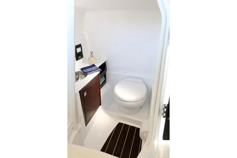 Slide: The Image of Manufacturer Provided Image: Compact bathroom in 2026 Monterey M-65 boat with toilet, sink, and storage. - 12