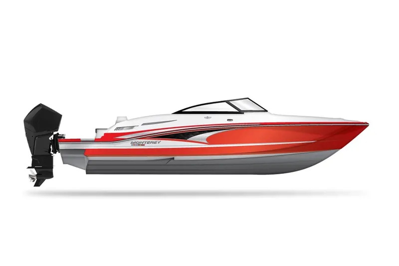 Slide: The Image of Manufacturer Provided Image: 2026 Monterey M-65 boat, sleek red and white design, side view. - 13