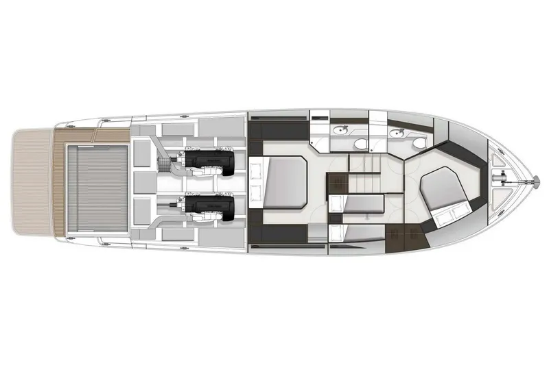 Slide: The Image of Floor plan of 2025 Maritimo M55 yacht lower deck layout, featuring cabins and engine room. - 9