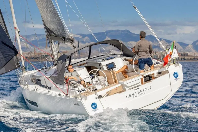 Slide: The Image of Hanse 360 sailboat, 2026 model, sailing with two people onboard. - 20