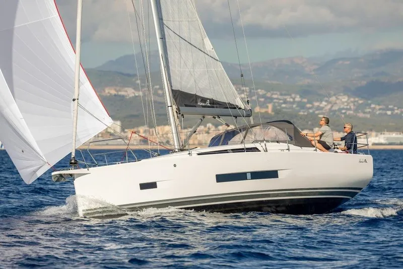 Slide: The Image of Hanse 360 sailboat, 2026 model, sailing with two people onboard. - 22