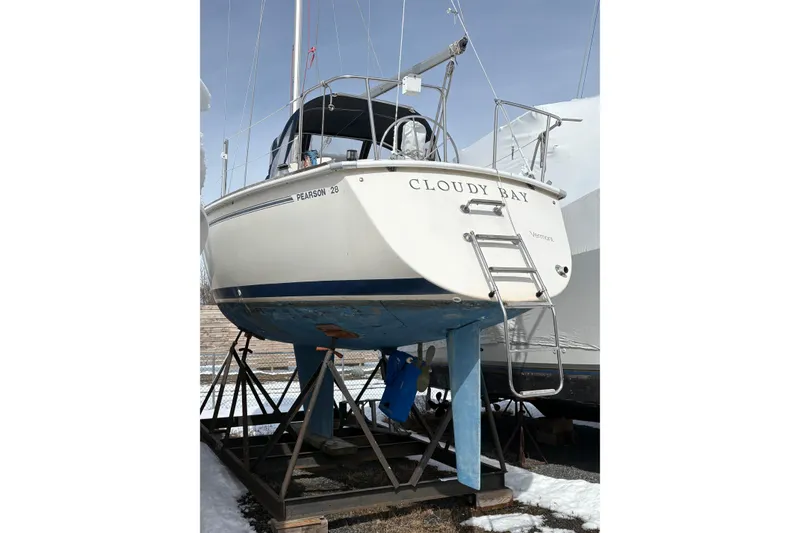 Slide: The Image of 1988 Pearson 28 sailboat "Cloudy Bay" on stands, Vermont, winter storage. - 2