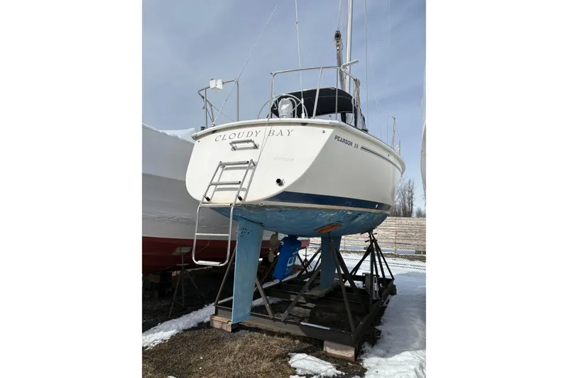 Slide: The Image of 1988 Pearson 28 sailboat "Cloudy Bay" on stands, winter storage setting. - 3