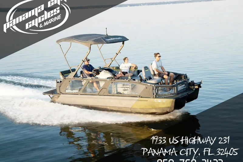 Slide: The Image of 2026 Sea-Doo Switch Fish 21 cruising on calm water near Panama City dealership. - 20