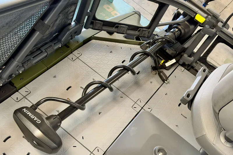 Slide: The Image of 2026 Sea-Doo Switch Fish 21 interior with Garmin equipment and modular seating. - 25