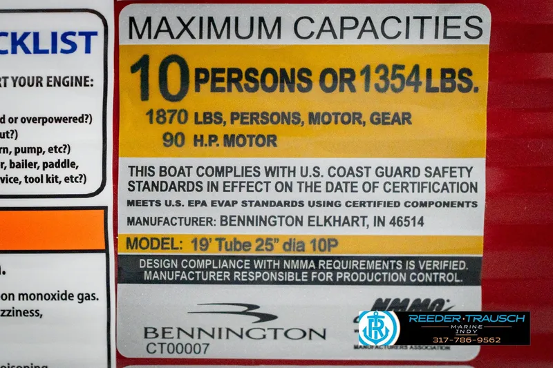 Slide: The Image of Maximum capacity label for 2025 Bennington 20 SLS boat, 10 persons or 1354 lbs. - 66