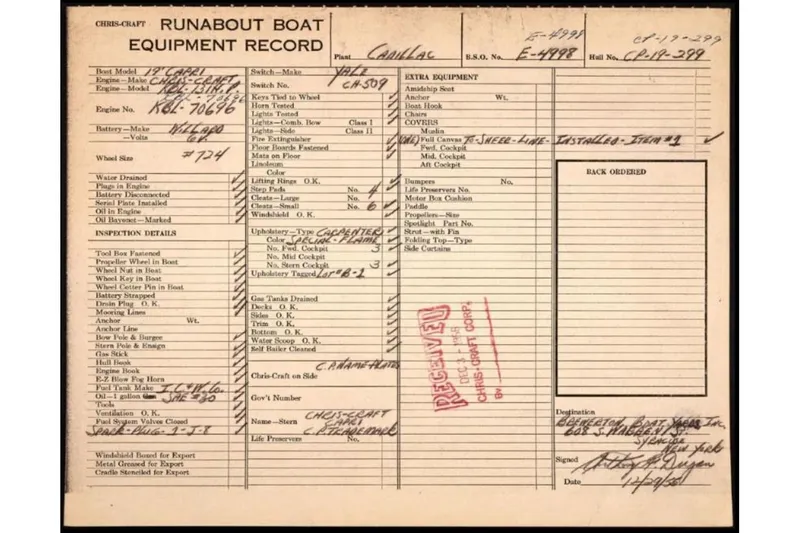 Slide: The Image of 1956 Chris-Craft Capri 21 runabout boat equipment record with detailed specifications and inspection notes. - 41