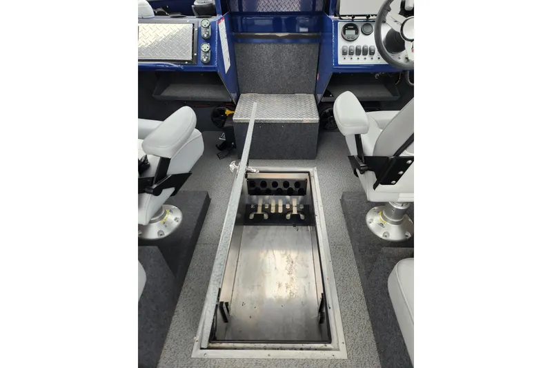 Slide: The Image of Interior view of 2025 Thunder Jet 21 Chinook OS boat, featuring seating and storage compartment. - 15