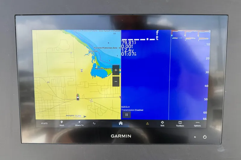 Slide: The Image of Garmin marine navigation display on Bluewater 25t, 2025 model, showing map and data. - 17