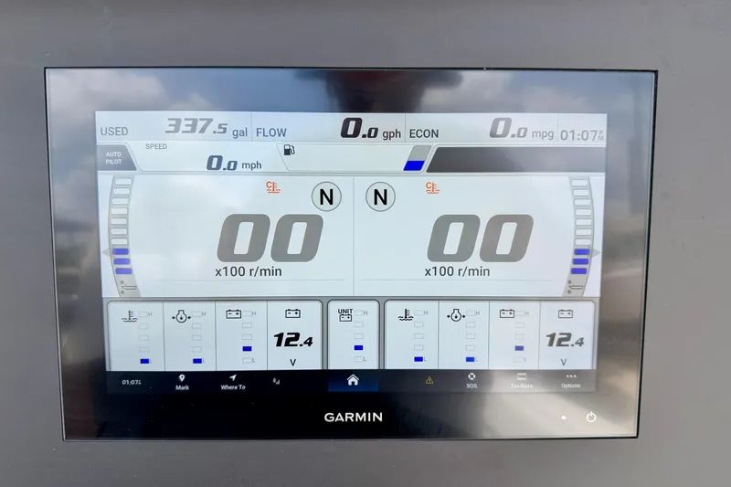 Slide: The Image of Garmin display on 2025 Bluewater 25t boat showing fuel and speed metrics. - 18