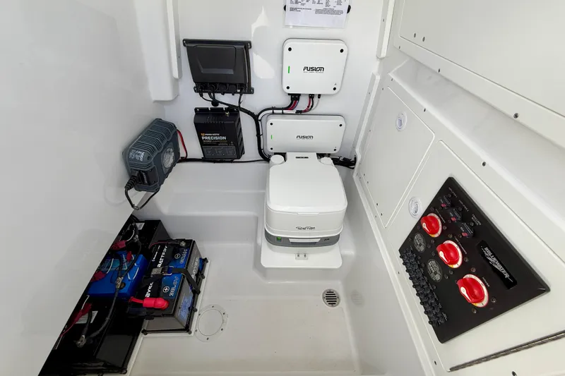 Slide: The Image of Electrical and control panel setup in a 2025 Bluewater 25t boat. - 48