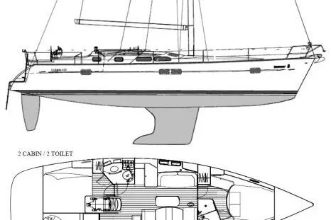 Slide: The Image of Diagram of a 2003 Beneteau 423 sailboat, featuring two cabins and two toilets. - 27