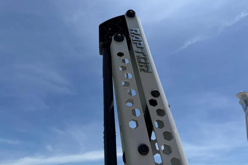 Slide: The Image of Close-up of 2023 Carolina Skiff 21 LS boat accessory against blue sky. - 13