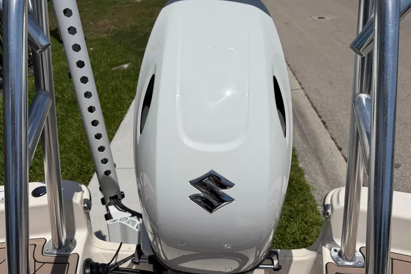 Slide: The Image of 2023 Carolina Skiff 21 LS boat with Suzuki outboard motor, viewed from above. - 35