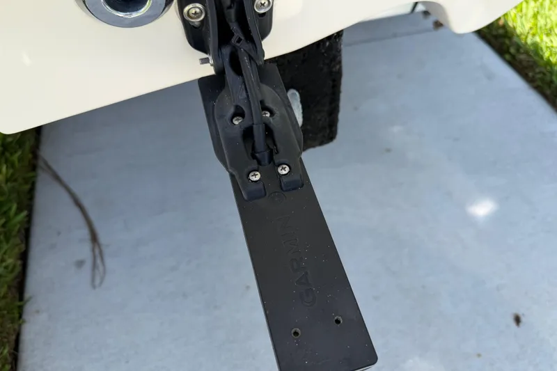 Slide: The Image of Garmin transducer mounted on a 2023 Carolina Skiff 21 LS boat. - 9