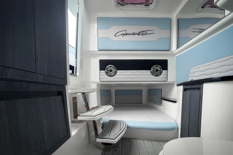 Slide: The Image of Luxurious interior of 2026 Cigarette 41' Nighthawk boat with modern seating and stylish design. - 14