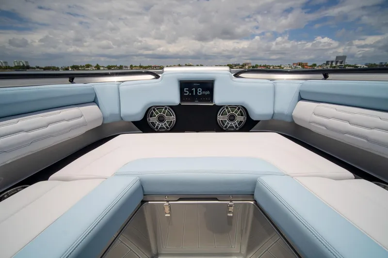 Slide: The Image of Luxurious interior of 2026 Cigarette 41' Nighthawk boat with modern dashboard and seating. - 9