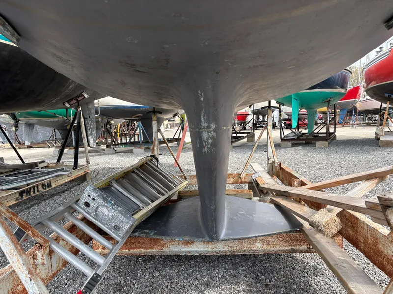 Slide: The Image of Ericson 34-2 1988 keel on a trailer, close-up view. - 12